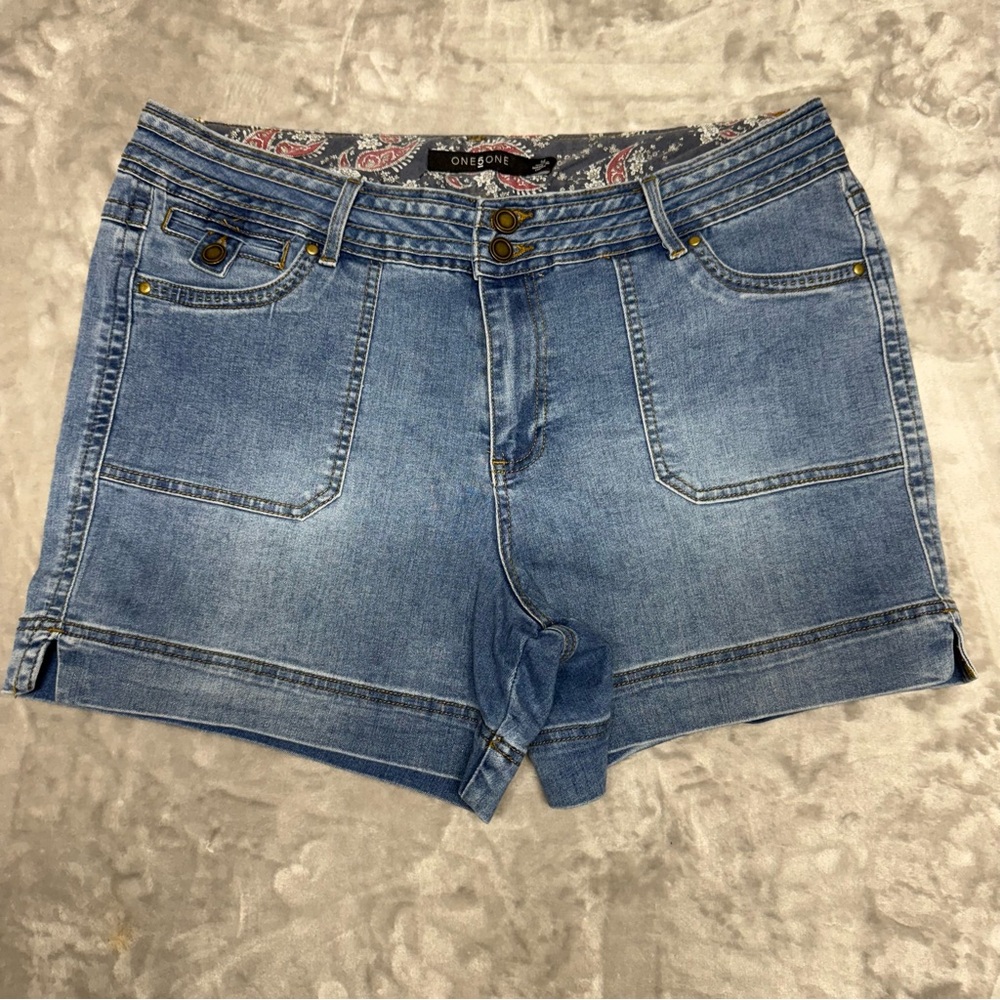 One 5 One Women's Demin Blue Jean Mid Rise Shorts Size 14 Stretch/Cotton